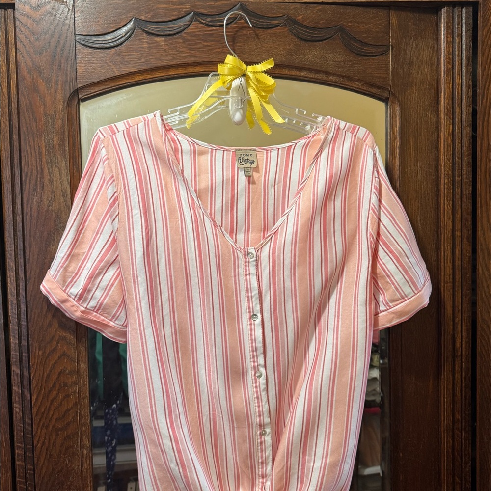 Pink/White Striped Tie-Front Blouse